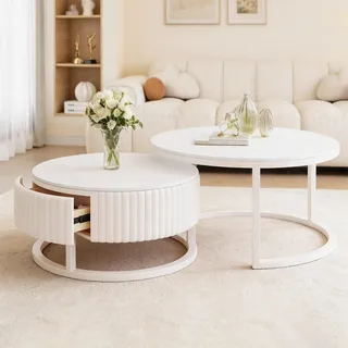 SeraphicCharm Modern Couchtisch Rund Weiß Wohnzimmertisch Mit Stauraum Runder Couchtisch Weiss Mit Schublade Holz Wohnzimmer Tisch Für Couch Tisch Wohnzimmer Couchtische 2er Set Einfach Zu Montieren
