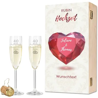GRAVURZEILE Leonardo Sektgläser mit Gravur - Rubinhochzeit 40 Jahre - Personalisiert mit Namen & Datum inkl. Holzkiste - Geschenk zur Hochzeit Verlobung Jahrestag - Farbe: Sekt