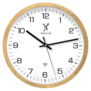 Holzwerk Funkwanduhr Designer Loft Funk Holz Wand Uhr, braun, beige, weiß (Nahezu lautloses Uhrwerk, analog, 30 cm) beige|bunt