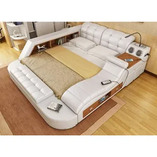 JVmoebel Polsterbett Luxus-Lederbett mit USB-Ladegerät und verstellbaren Kopfstützen, Made in Europa weiß 228 cm