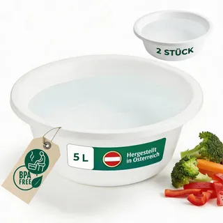 Novaliv 2x Spülschüssel Rund 5L, D32 cm, Weiß, BPA-frei Spülmaschinenfest Ideal für Küche und Camping, Rundschüssel, Runde Plastikschüssel, Waschschüssel, Kunststoffschüssel, Plastic bowl