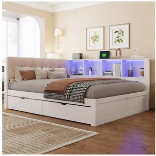 STILVORA Schlafsofa Tagesbett 140x200 mit Matratze Funktionbett mit USB-Anschluss&LED, Daybett, Kiefernholz, MDF, 2 Schubladen, für Schlafzimmer, Jugendzimmer, Gästezimmer und Apartment