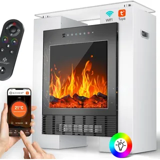 KESSER® LED Kamin Elektrokamin Heizung mit Thermostat, realistischem Feuer + App - Weiß