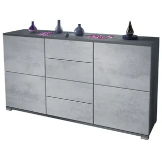 Vladon Sideboard Rova V1 (Kommode mit 4 Türen, 4 Schubladen, Made in Germany), Anthrazit matt/Beton Oxid Optik (138,5 x 75,5 x 35) grau