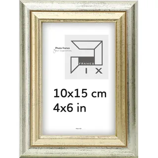 Pix FRAMES Bilderrahmen 10x15 Vintage - Fotorahmen Holz mit Scheiben aus Plexiglas - Retro Rahmen zum Aufhängen und Aufstellen - Gealterter Fotorahmen - Silber-Gold