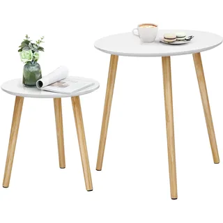 SONGMICS Beistelltisch-Set rund, 2 Moderne Sofatische, minimalistisch, skandinavischer Stil, Couchtische mit Beinen aus Massivholz, Tischkombination fürs Wohnzimmer, Balkon, Kiefernholz LET07WN