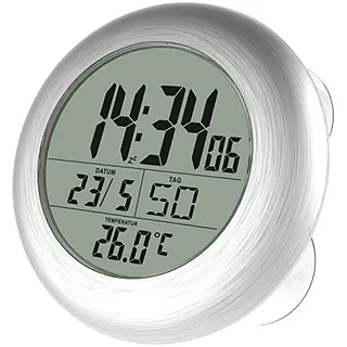 infactory Wanduhr Badezimmer: Digitale Bad-Funk-Wanduhr mit Thermometer, Alu, Saugnäpfe, IP24 (Badezimmer Funkuhr Digital, Funkuhr mit Saugnapf, Pool)