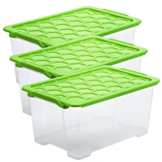 Rotho Evo Safe Aufbewahrungsbox mit Deckel 3 x 44 L stapelbar Grün Set | Aufbewahrungsboxen, stabile Lagerboxen, verschließbar, stapelbar, transparent, für Spielzeug Kleidung und Lebensmittel