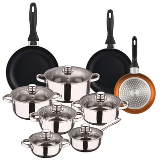 Well Home Kochgeschirr-Set, 12-teilig, Edelstahl + 3 Pfannen, Ø 16 x 20 x 24 cm, Kupfer metallisiert aus gepresstem Aluminium