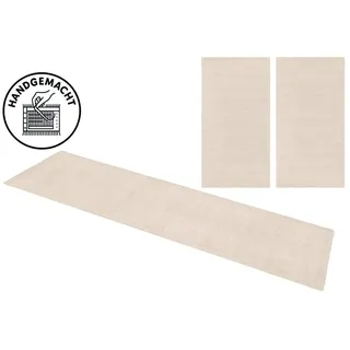 THEKO Bettumrandung Gabbeh Uni, Handweb Teppich, meliert, reine Wolle, Höhe 14 mm, (3-tlg), Bettvorleger, Uni-Farben, handgewebt, Läufer-Set, Schlafzimmer beige