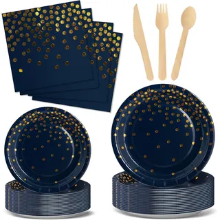 Nkaiso 144 Stück Marineblaugold Pappteller Partygeschirr -24 Gäste | Party Teller Set mit Einwegteller Becher Servietten Geschirr, zum Geburtstag, Hochzeiten, Jubiläums, Party Deko