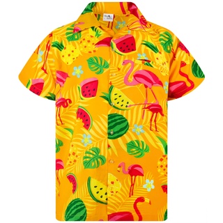 King Kameha Funky Hawaiihemd, Kurzarm, Flamingos Melonen, Gelb, 3XL