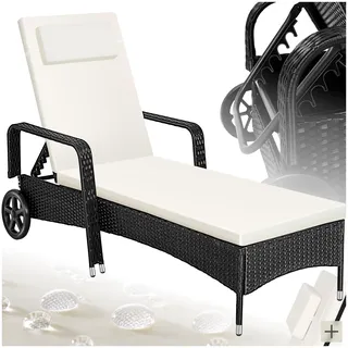 tectake Poly Rattan Gartenliege mit Rollen, 6-Fach höhenverstellbarer Liegestuhl, bis 120kg belastbar, Sonnenliege Rattan (wetterfest), Liege inkl. Polster und Kissen - schwarz/beige