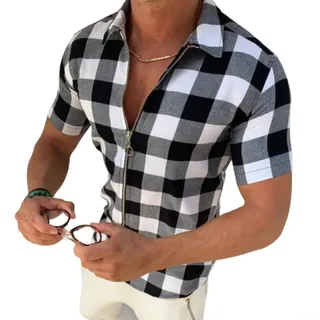 Herren Kariertes Kurzarm-Freizeithemd mit Revers-Reißverschluss, normale Passform, Streetwear, Button-Down-Oberteil für Frühling, Sommer, Alltag, Rot, Grau, Grün, Blau (M Grau)