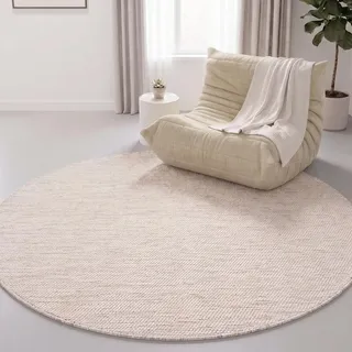 Interiyou handgewebter Baumwollteppich Riga - 160x160 cm Rund Creme - Handwebteppich für Wohnzimmer, Schlafzimmer - 100% Handarbeit Naturfaser Teppich Flachgewebe
