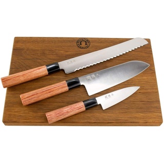 Kai Seki Magoroku Redwood Messerset | 3 ultrascharfe Japan-Messer | + massives Schneidebrett aus recyceltem Fassholz (Eiche), 35x21 cm | VK: 265,- €