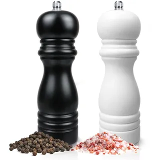 Salz und Pfeffermühle - Manuelle Salzmühle & Chilimühle - Holz Salzstreuer & Pfefferstreuer - Klassische Mahlgradeinstellung - Gewürzmühle für Pfeffer Salz Pfeffer Chilli - 2er Set (Schwarz + Weiß)