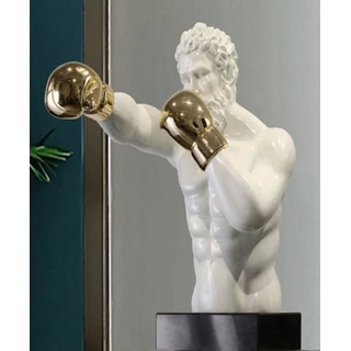 Casa Padrino Skulptur Casa Padrino Luxus Designer Deko Skulptur Boxer Weiß / Gold / Schwarz 31 x 52 x H. 56 cm - Kunstharz Deko Figur mit Sockel - Wohnzimmer Deko - Luxus Designer Deko Accessoires - Luxus Qualität