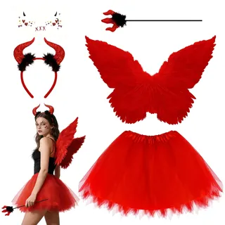 JJKOL 5 Stück Rot Teufel Engel Kostüm Damen, Schwarzer Engel Teufel Kostüm Damen für Karneval Cosplay Fasching, Engelsflügel Set mit Haarreif Zauberstab Tüllrock und Gesichtsaufkleber