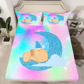 Kinder Capybara Bettlaken 90x200x30,Cartoon Schlafen Caprbara Spannbettlaken Gradient Regenbogen Capybara Bettwäsche Kawaii Zimmer Dekor für Mädchen,Pastell Krawatte Färbung Blätter Die Ganze Saison