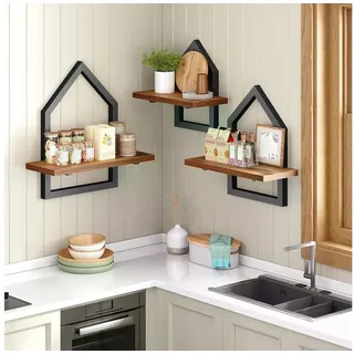 Stelby Wandregal 3‐tlg. Floating Wandregal – Holz & Metall, modern geom. Design, 3-tlg., Schweberegal aus Holz+Metall – platzsparend, vielseitig, langlebig braun