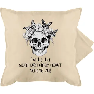 Kissenbezug - Statement - La Le Lu wenn dich einer nervt schlag zu Totenkopf I Skull I Kollegen Geschenk Kolleginnen - 50 x 50 cm - Beige Natur - geschenke für statement-kissen statements la-le-lu