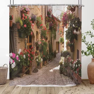 Hnmdmyi Duschvorhang 3D 180x220, Garten Floral Landschaft Straße Allee Bild Duschvorhänge Italien Outdoor Blumen Ansicht Badewanne Vorhang Wasserdicht Polyester Stoff Waschbar Badevorhang mit Haken