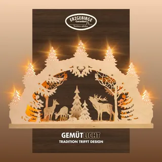 LED Schwibbogen WEIGLA "Hirschfamilie, Lichterbogen aus Holz, NATUR, Made in Germany", beige (natur), B:52cm H:32cm T:6cm, Holzwerkstoff, Schwibbögen, Erzgebirge garantiert, Weihnachtsdeko Innen, Weihnachtsbeleuchtung