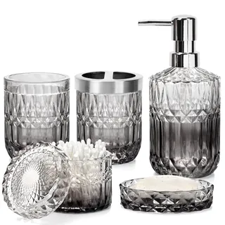 5-teiliges Badezimmer-Set aus Glas, Stilvolle Badezimmer-Deko mit Seifenspender, Zahnbürstenhalter, Wattepad-Halter, Becher, Seifenschale für Waschtisch, Badezimmer (Grauer Farbverlauf)