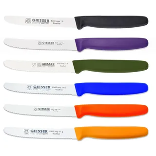 Giesser Messer 6er Set bunt Tomatenmesser Brötchenmesser Allzweckmesser 11cm Wellenschliff 3mm - schwarz violett olive blau orange gelb