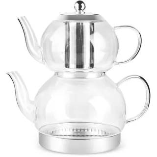 Karaca Pandora Borosilikatglas Teekannen-Set mit Edelstahl-Teesieb, 2 L Kessel & 1 L Glas Teekanne mit Sieb, Turkish Tea Pot, Caydanlik, Türkischer Teebereiter für Kräutertee, losen Tee