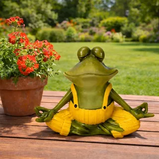 Online Fuchs Lustige Gartenfiguren für draußen Yoga Frosch mit Latzhose - Teichdeko - wetterfest mit glänzendem Glossy-Look - 25 oder 31,5 cm groß (Gelb klein)