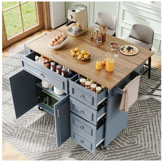 BBWL Buffet Kücheninsel multifunktional aus MDF mit klappbarer Tischplatte Servierwagen, Buffetschrank, Stauraum, Vintage-Design blau
