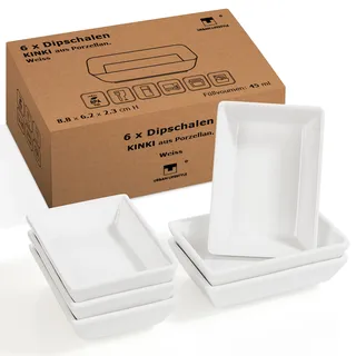 Urban Lifestyle Dipschalen 6er Set stapelbar 8,8 x 6,2 x2,3 cm Porzellan Dip Schälchen Weiß – rechteckige Saucenschälchen für Sushi, Tapas & stilvolles Servieren Kinki