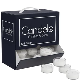 Candelo 125 Teelichter 4 Std Brenndauer - ohne Duft - Wiederverwendbare Kunststoff Hülle - Teelicht Vorrat Großpackung in Weiß geruchsneutral