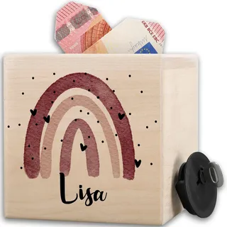 Spardose Holz Regenbogen | Sparbüchse Mädchen Kinder Personalisiert mit Namen - 10x10cm - Holz - Kind kinderspardose personalisierte rosa spardosen aus kinderspardosen Name sparschwein für