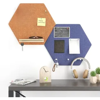 LA CUTE Pinnwand Sechseckige Pinnwand-Set – DIY Memoboard für Zuhause & Büro., (DIY Memoboard-Set für kreative Wandgestaltung und Organisation., 2-tlg., 2er-Set sechseckige Pinnwände mit Montagezubehör und Pinnnadeln), Sechseckiges DIY-Design, vielseitig einsetzbar, umweltfreundlich. blau|orange