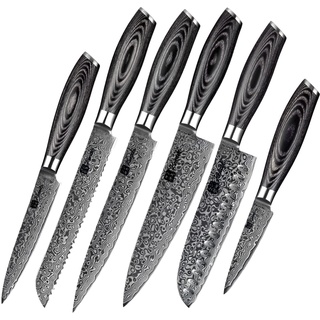Kensaki 6er Messerset aus Damaszener Stahl Küchenmesser Japanischer Art hergestellt aus 67 Lagen Damaststahl – Kuro Serie, KEN-116