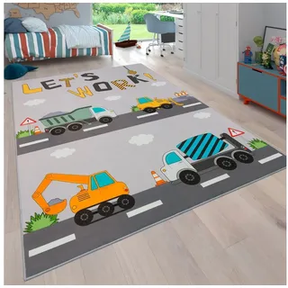 Paco Home Kinderteppich Bino 578, rechteckig, Höhe: 4 mm, Spielteppich, Motiv Autos & Baustelle, Kinderzimmer grau 100 cm x 200 cm x 4 mm