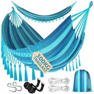 Kesser KESSER® Hängematte 320x150 cm belastbar bis 300 kg, wetterfeste & atmungsaktive Tuchhängematte mit Fransen für 1-2 Personen – Ideal für Camping, Garten & Outdoor, inkl. Beutel, Seile & Gurte