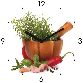 Levandeo® Wanduhr (Wanduhr Glas 20x20cm Kräuter Schale Chili Uhr Glasbild Küche)