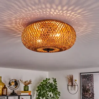 HOFSTEIN Deckenleuchte Bauro, Deckenlampe aus Metall/Bambus/Holz in Schwarz/Natur, moderne Leuchte im Boho-Design (Ø 30cm), Lichteffekt durch Gitter-Optik, 2 x E27, Wohnzimmer, Esszimmer, Schlafzimmer