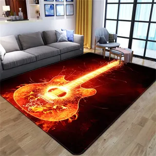 PEIHUODAN Musik Wohnzimmer Teppich Flamme Totenkopf Rock Gitarre Bereich Teppich Kinder Jungen Herren Schlafzimmer Teppich Läufer Yogamatte Korridor Küchenspüle Teppich Stuhlmatte (Farbe 3,80x160 cm)