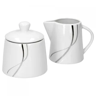 Van Well Zuckerdose + Milchkännchen-Set Silver Night, runder Zuckerspender mit Deckel + Milch-Gießer, Porzellan, abstraktes Dekor, Gastro-Geschirr
