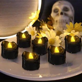 6 Stück LED Teelichter Schwarz, Led Kerzen Flackernde Flamme, Tropfendem Wachs Licht Elektrisch Flammenlose für Weihnachten Halloween Party Dekoration A15-2