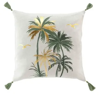 Macosa Home Dekokissen Kissen 45 x 45 cm Weiß Grün Gold Palmen Quasten Baumwolle, Metallfaser mit Reißverschluss inkl. Füllung Sofakissen weiß