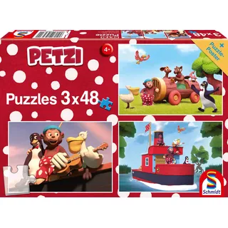 Schmidt Spiele Puzzle 56231 Petzi, Auf ins Abenteuer, 3x48 Teile Kinderpuzzle, bunt