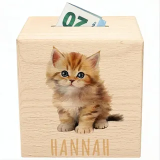 Katze Spardose für Kinder personalisiert Sparbox aus Holz Sparschwein mit Schlüssel Taufgeschenk für Jungen Mädchen Holzspardose