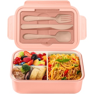 Diboniur Lunchbox Brotdose mit Fächern Besteck Kinder Erwachsene 1400ML Bento Box Arbeit Mikrowellengeeignet (Rosa)