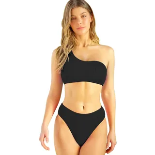 TOEECY Bikini Set Damen Eine Schulter Badeanzüge Bademode Zweiteiliger Badeanzug Push Up High Waist Sexy Schwimmanzug Swimsuit (Schwarz,L) - L
